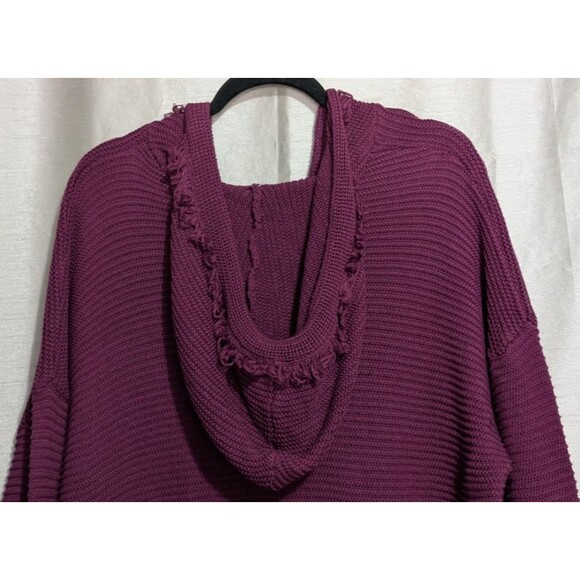 Hooded Pullover Ribbed Sweater Fringe Trimmed V-Neck Hoodie Cotton Blend Tunic - Picture 14 of 16